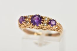 A 9CT GOLD AMETHYST AND DIAMOND HALF HOOP RING, three round cut amethysts graduating in size with