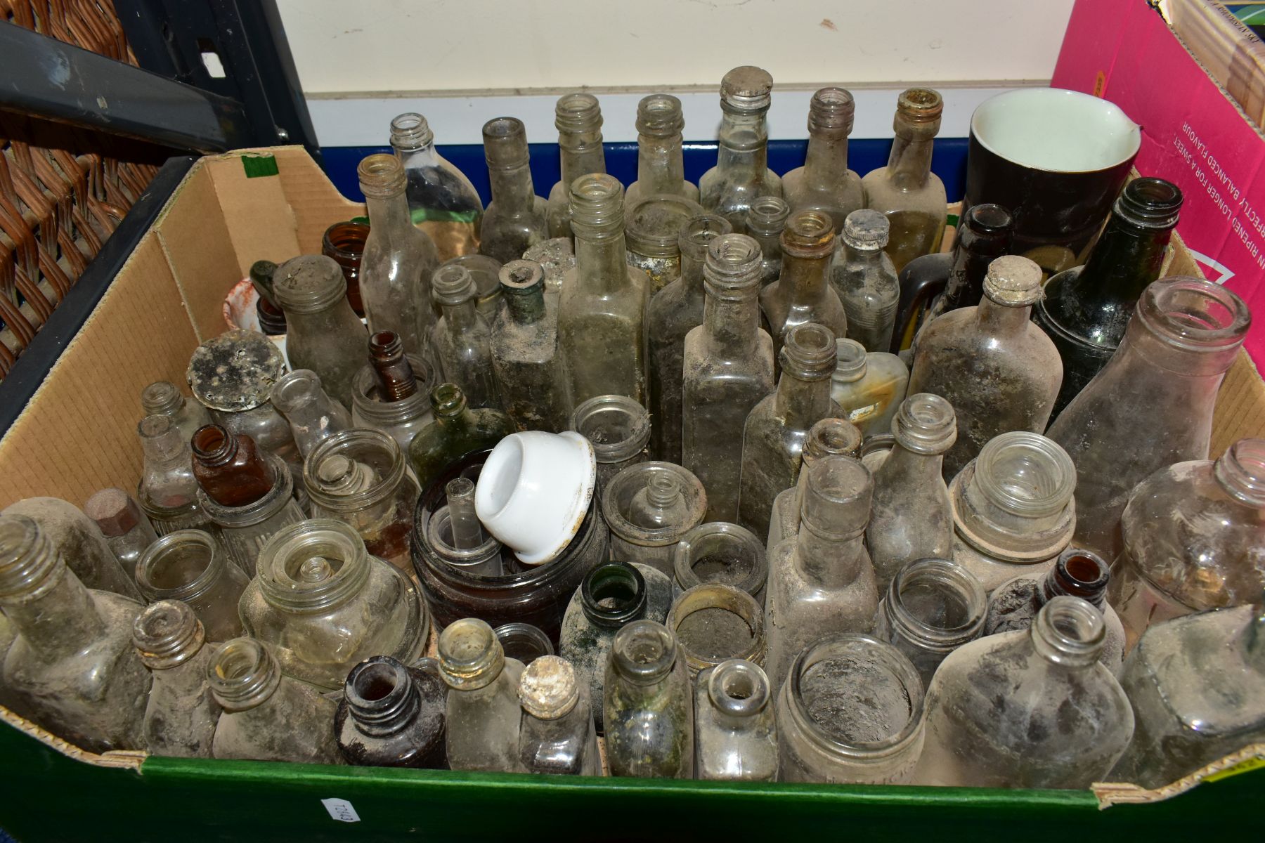 THREE BOXES GLASS BOTTLES, including ink bottles, etc (very dusty/dirty) - Image 9 of 9