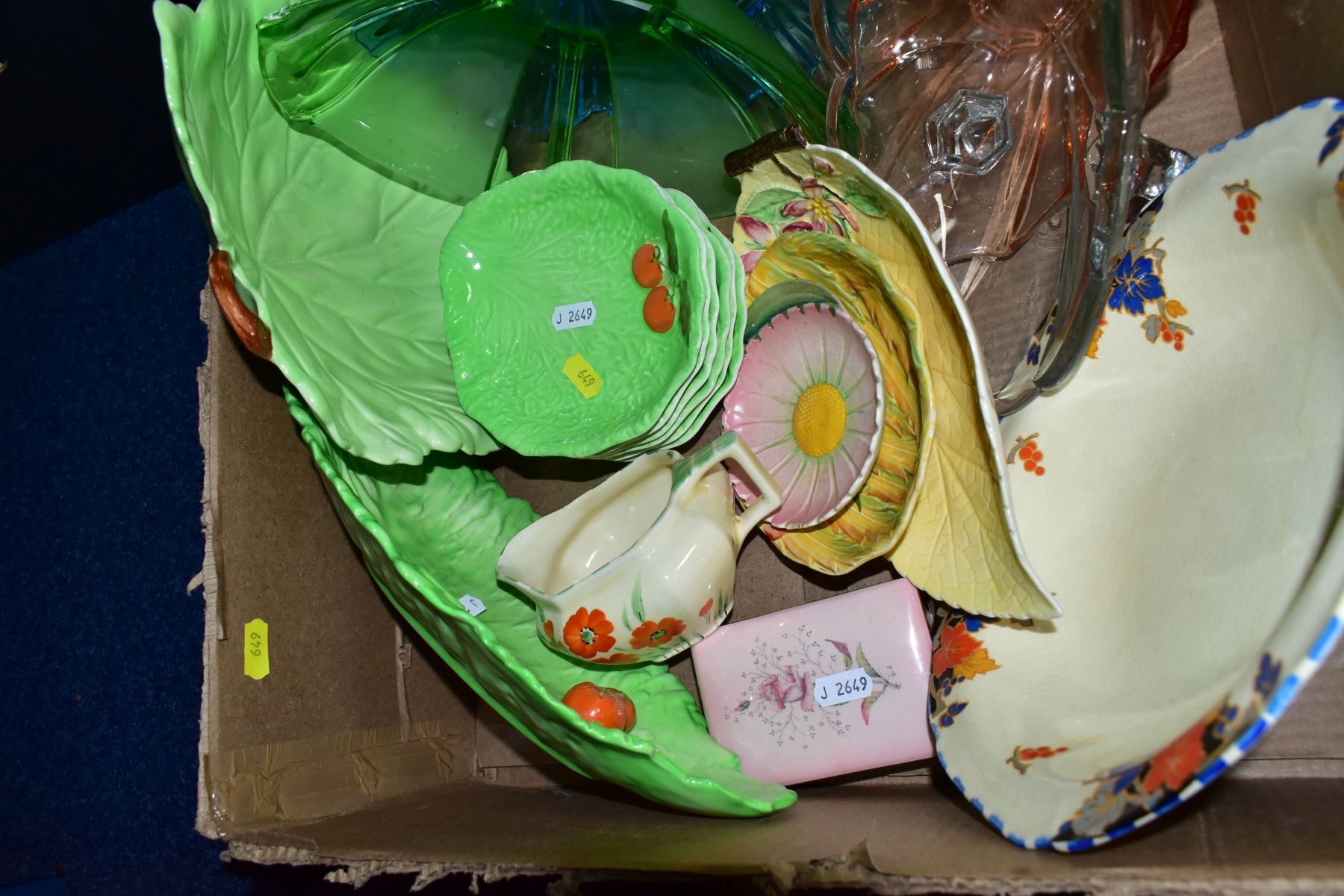 TWO BOXES OF SILVER PLATE, CARLTON WARE DISHES, COLOURED PRESSED GLASS DISHES, etc, including a - Image 4 of 5