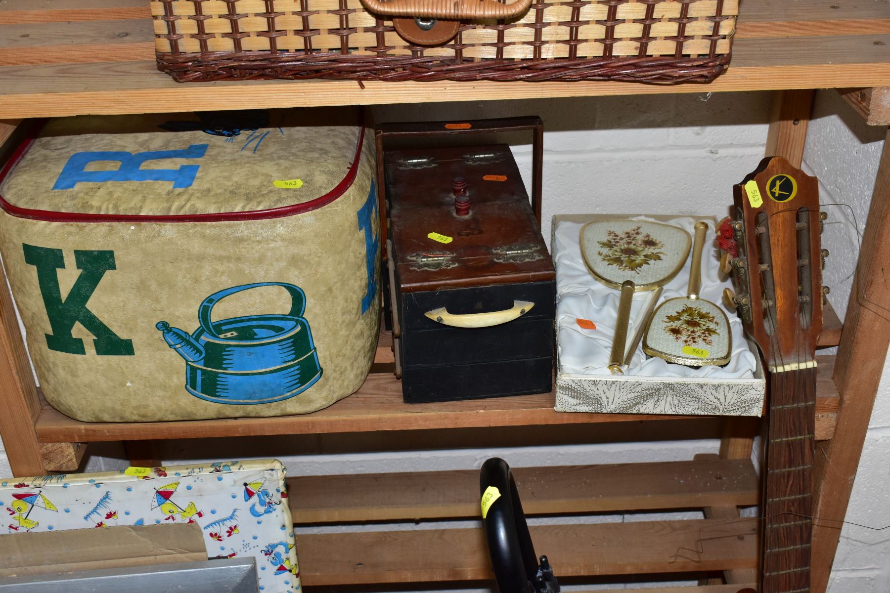 TWO BOXES, A STORAGE BOX AND LOOSE PICTURES, STOOL, SUNDRY HOUSEHOLD ITEMS, etc, including an - Image 3 of 10