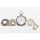 A SILVER OPEN FACE POCKET WATCH, A SILVER ALBERT WITH THREE FOBS, the ladies pocket watch with a