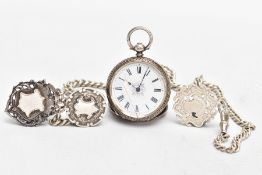 A SILVER OPEN FACE POCKET WATCH, A SILVER ALBERT WITH THREE FOBS, the ladies pocket watch with a