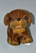 A MERRYTHOUGHT DINKIE DOG, brown and cream velour, replacement eyes, well loved with some repairs,