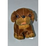 A MERRYTHOUGHT DINKIE DOG, brown and cream velour, replacement eyes, well loved with some repairs,