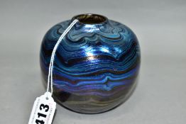 A NORMAN STURART CLARKE STUDIO GLASS VASE, blue/purple iridescent horizontal wavy band design,