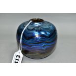 A NORMAN STURART CLARKE STUDIO GLASS VASE, blue/purple iridescent horizontal wavy band design,