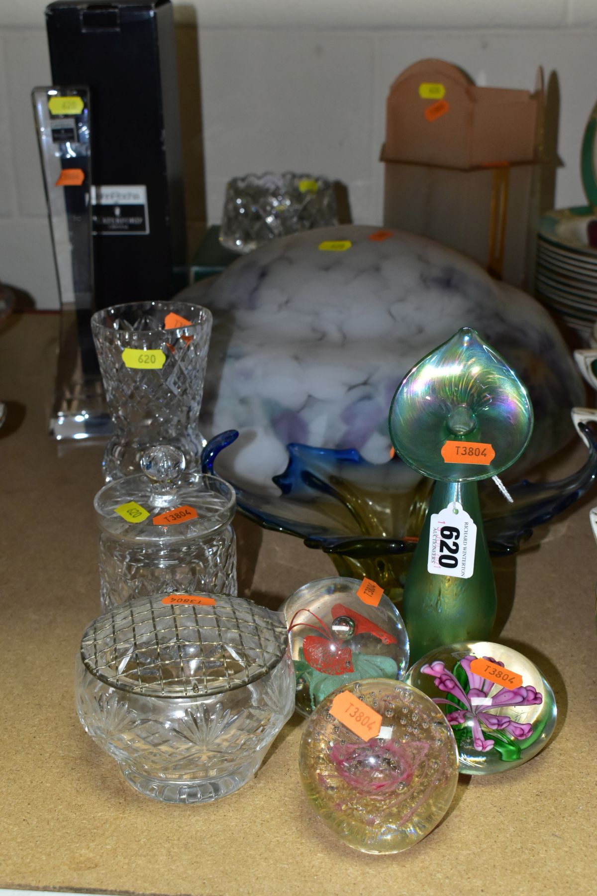 A SMALL GROUP OF GLASSWARE, including two glass light shades, three modern paperweights, a modern