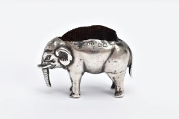 A SILVER PIN CUSHION modelled as a Elephant, maker Adie & Lovekin (silver marks not clear and the