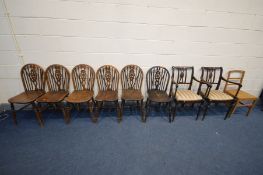 A SET OF FIVE EARLY TO MID 20TH CENTURY BEECH AND ELM WHEELBACK CHAIRS, two similar oak wheelback