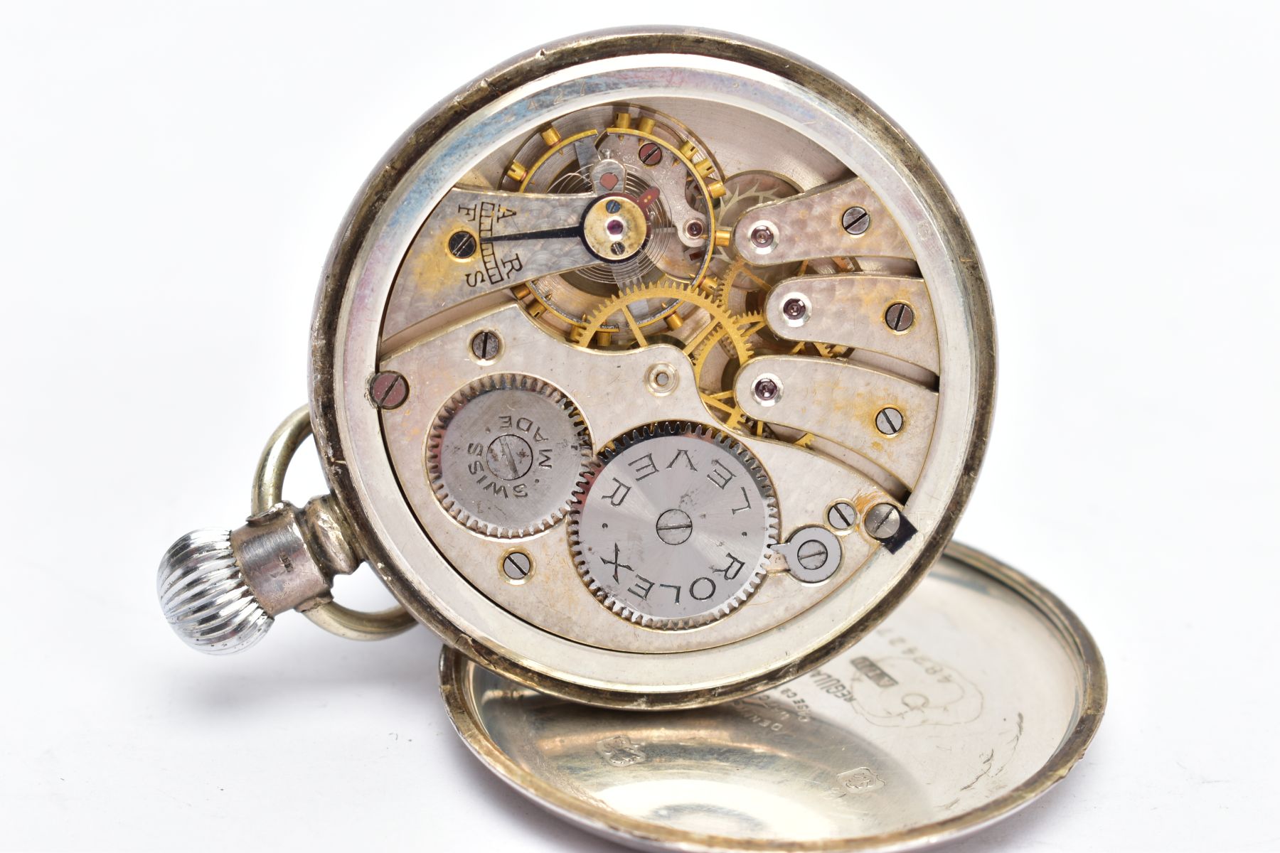 A STERLING SILVER OPEN FACED POCKETWATCH, white dial signed Rolex with Arabic numerals, subsidiary - Bild 4 aus 5