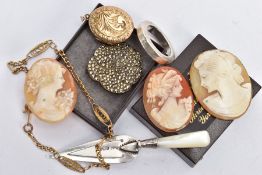 A SELECTION OF MAINLY JEWELLERY, to include a marcasite flower brooch, a small oval locket, three