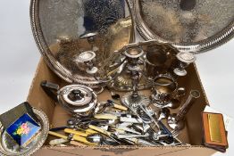 A BOX OF MAINLY SILVER PLATED WARE, to include a large oval tray with two handles, a circular tray