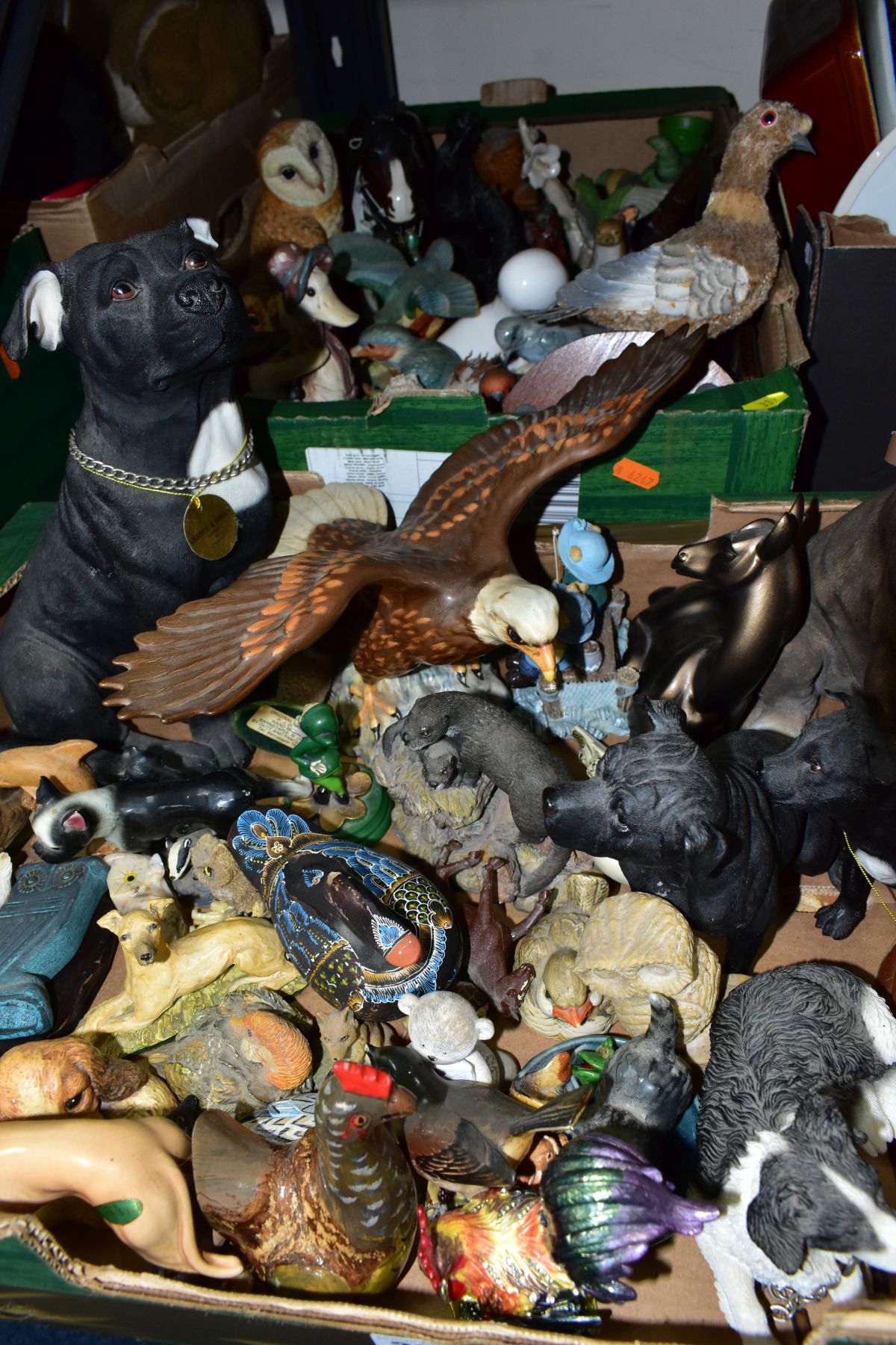 TWO BOXES OF ORNAMENTS (mostly animals and birds), to include Beswick Greyhound 'Jovial Roger' No.
