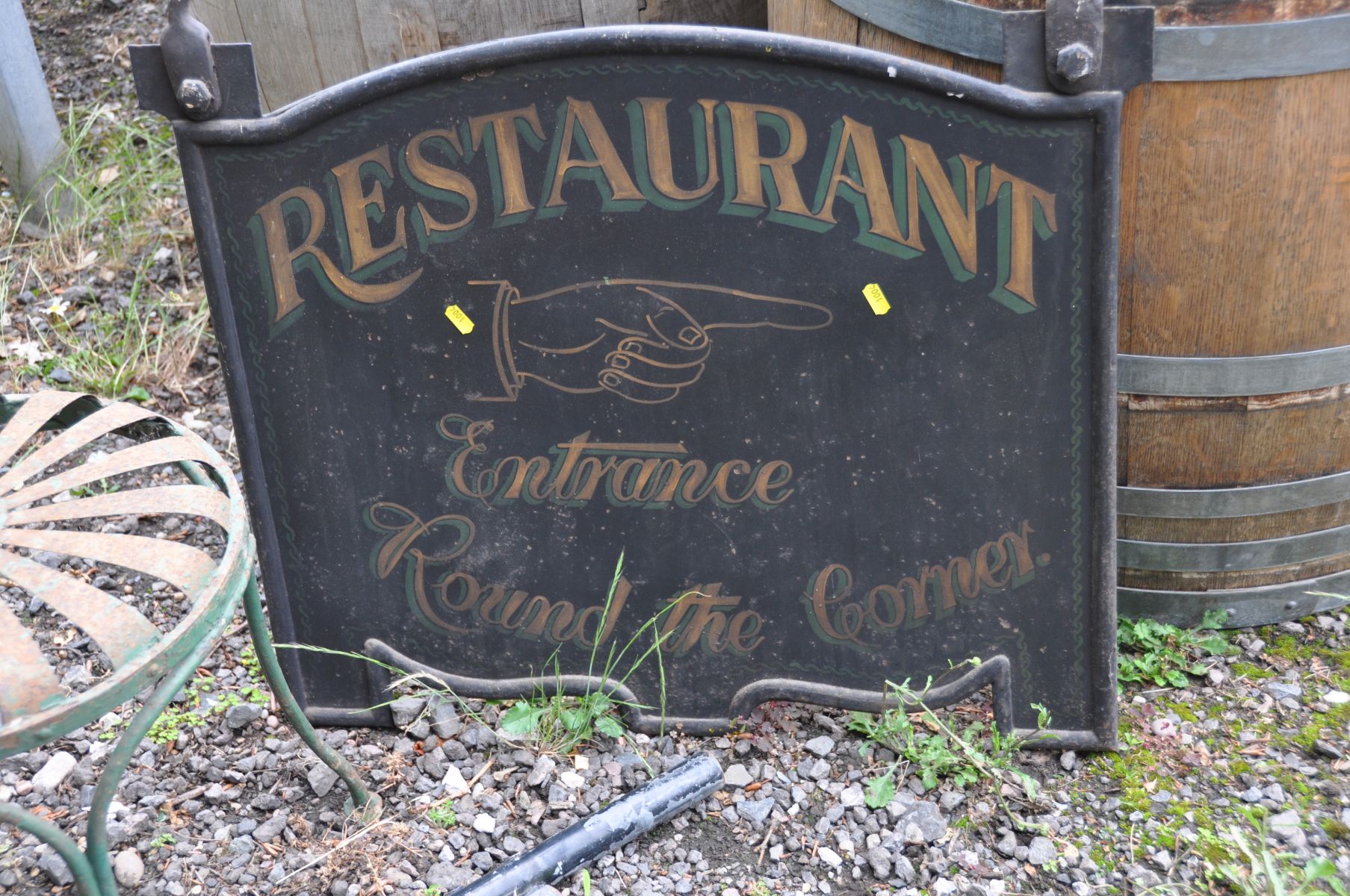 A METAL HANGING RESTAURANT SIGN width 72cm x height 72cm, a peat cutter, a French metal Bistro chair - Image 4 of 4