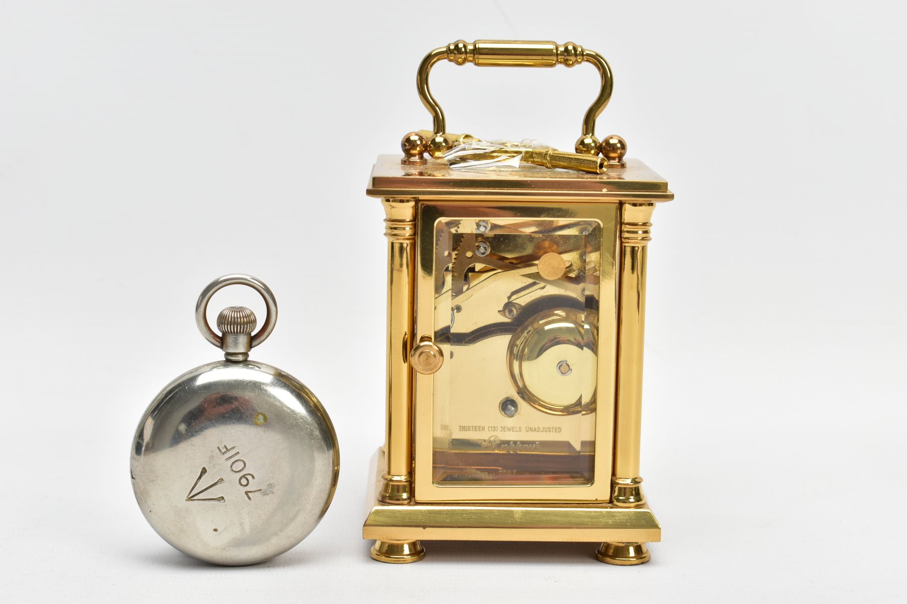 A BRASS CARRIAGE CLOCK AND A MILITARY POCKET WATCH, a white enamel face with black Roman numerals, - Image 2 of 7