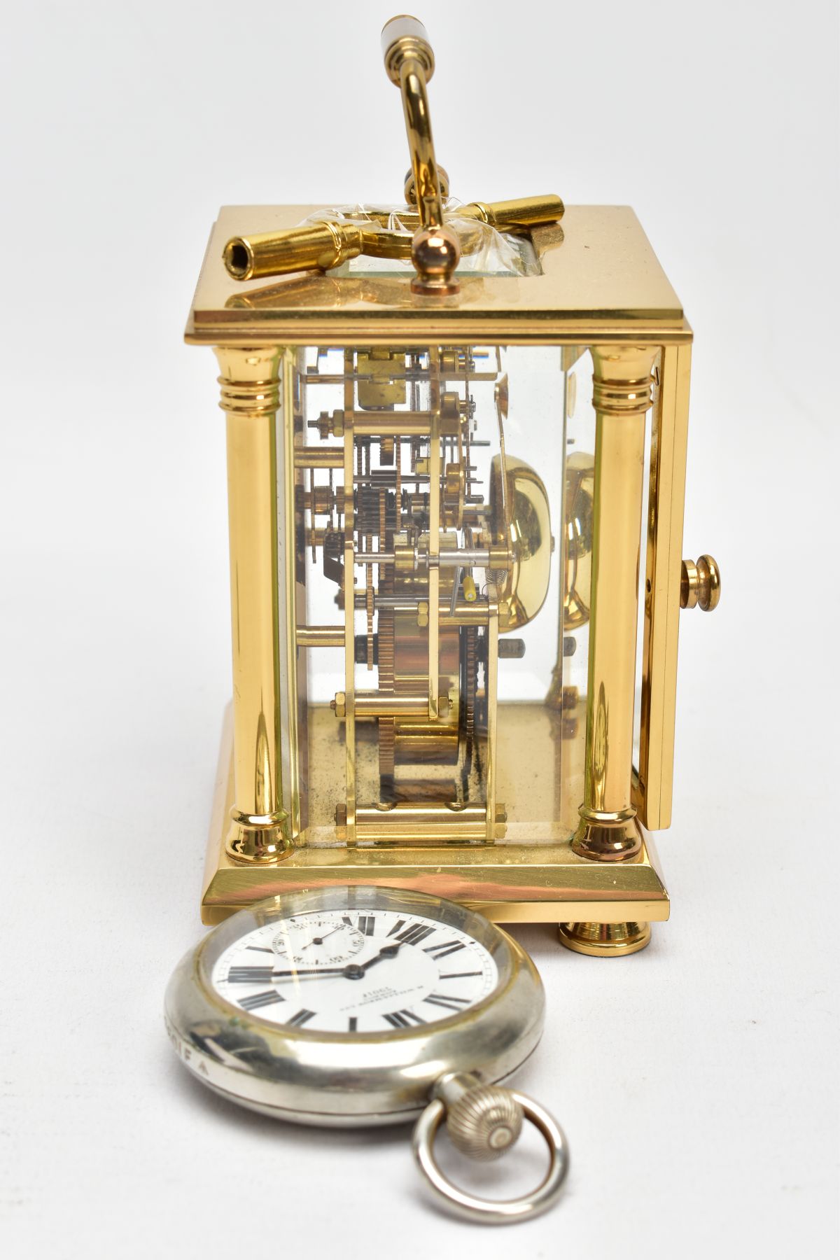 A BRASS CARRIAGE CLOCK AND A MILITARY POCKET WATCH, a white enamel face with black Roman numerals, - Image 3 of 7