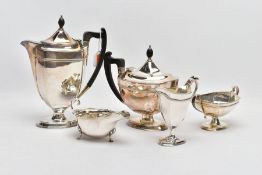 A FOUR PIECE MAPPIN & WEBB SILVER PLATED TEA SERVICE AND A SILVER SAUCE BOAT, the tea service