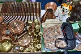 THREE BOXES AND LOOSE METALWARES, BOOKS, ETC, including an early 20th Century bronzed hollow cast