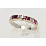 A RUBY AND DIAMOND HALF ETERNITY RING, designed as square cut rubies channel set in-between square