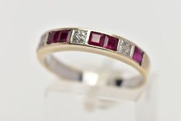 A RUBY AND DIAMOND HALF ETERNITY RING, designed as square cut rubies channel set in-between square