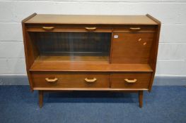 A G PLAN AFROMOSIA SIDEBOARD, with four various drawers, fall front door besides glazed doors, width