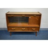 A G PLAN AFROMOSIA SIDEBOARD, with four various drawers, fall front door besides glazed doors, width