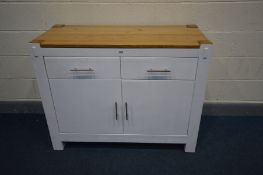 A SOLID OAK AND LATER WHITE PAINTED SIDEBOARD, two small drawers over two cupboard doors, width