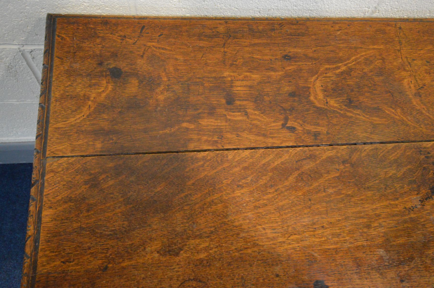 A 19TH CENTURY CARVED OAK CENTRE TABLE, rectangular top above a tapered frieze containing a long - Image 5 of 5