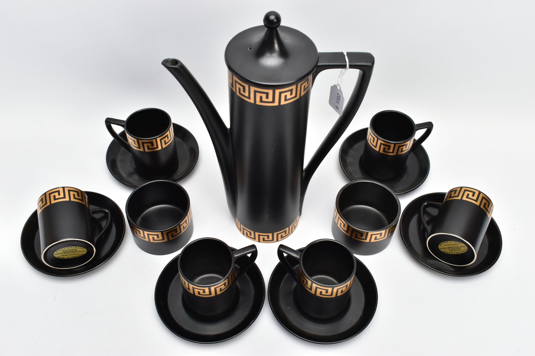 A PORTMEIRION COFFEE SET by Susan Williams-Ellis with gilt Greek key border decoration, on a black - Image 6 of 7