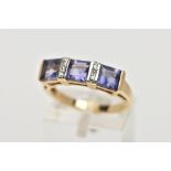 A MODERN 9CT GOLD TANZANITE AND DIAMOND DRESS RING, three square cut tanzanite's each measuring