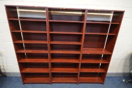 THREE MODERN MAHOGANY EFFECT OPEN BOOKCASE with adjustable shelves, width 72cm x depth 82cm x height