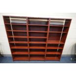 THREE MODERN MAHOGANY EFFECT OPEN BOOKCASE with adjustable shelves, width 72cm x depth 82cm x height