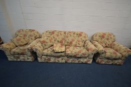 A G PLAN FLORAL UPHOLSTERED THREE PIECE SUITE comprising a two seat seetee, inner width 155cm, and