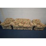 A G PLAN FLORAL UPHOLSTERED THREE PIECE SUITE comprising a two seat seetee, inner width 155cm, and