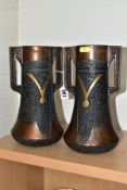 A PAIR OF BRETBY CLANTA TWIN HANDLED CONICAL VASES, shape No.2420H, bronzed glaze, textured finish