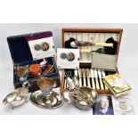 A BOX OF MISCELLANEOUS ITEMS, to include a cased set of eight silver plated fish knives and fork and