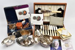 A BOX OF MISCELLANEOUS ITEMS, to include a cased set of eight silver plated fish knives and fork and