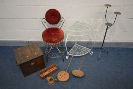 A QUANTITY OF METALWARE AND OCCASSIONAL FURNITURE to include a 20th century wire work dressing table