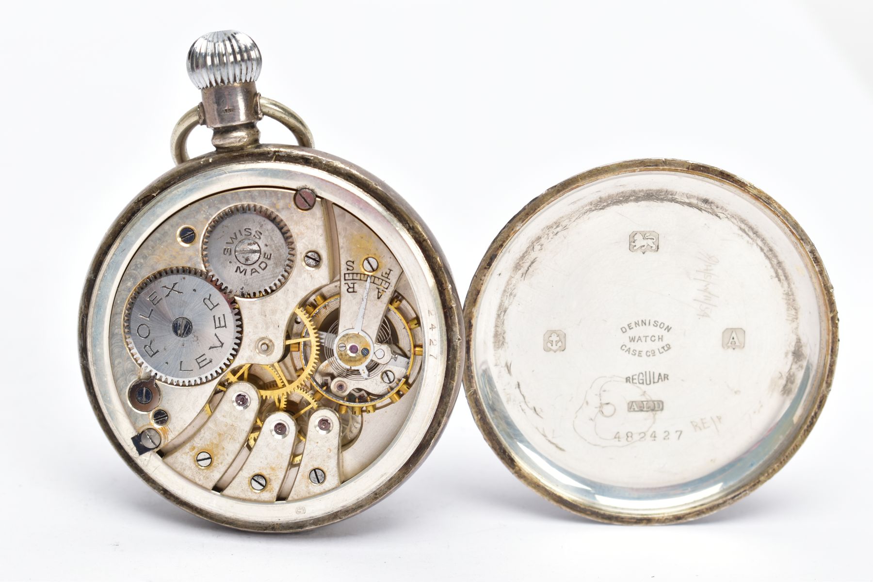 A STERLING SILVER OPEN FACED POCKETWATCH, white dial signed Rolex with Arabic numerals, subsidiary - Bild 3 aus 5