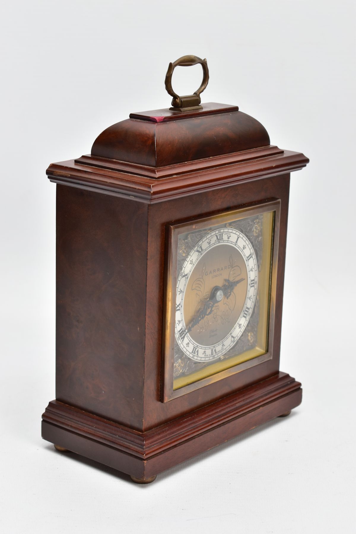 A BURR WOOD CASED GARRARD MANTLE CLOCK, London Elliott mantel clock the silvered ring set with Roman - Image 3 of 6