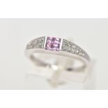 A MODERN 18CT WHITE GOLD PINK SAPPHIRE AND DIAMOND DRESS RING, centring on four square cut pink