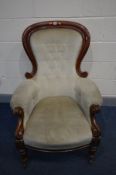 A VICTORIAN MAHOGANY SPOONBACK BEDROOM CHAIR, top rail scrolled to the ends, scrolls to arm rests,