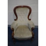 A VICTORIAN MAHOGANY SPOONBACK BEDROOM CHAIR, top rail scrolled to the ends, scrolls to arm rests,