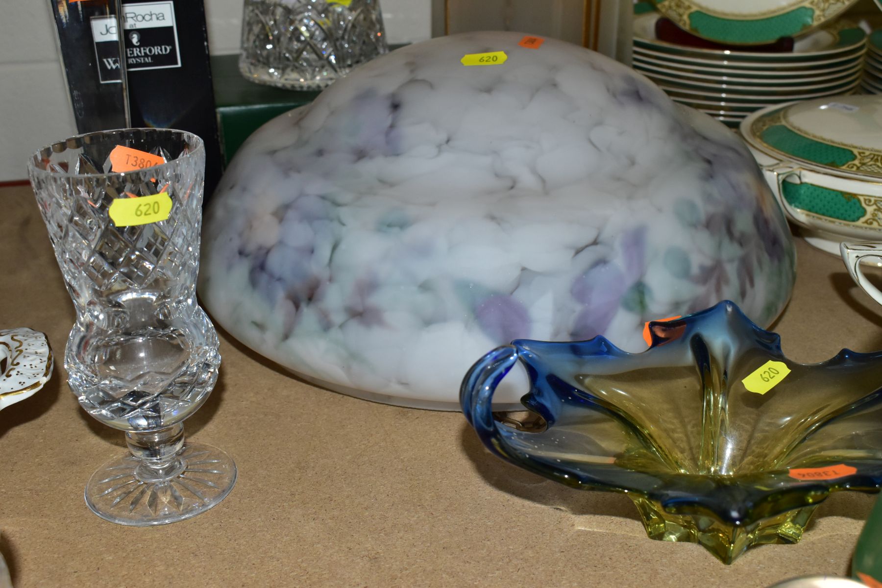 A SMALL GROUP OF GLASSWARE, including two glass light shades, three modern paperweights, a modern - Image 6 of 7