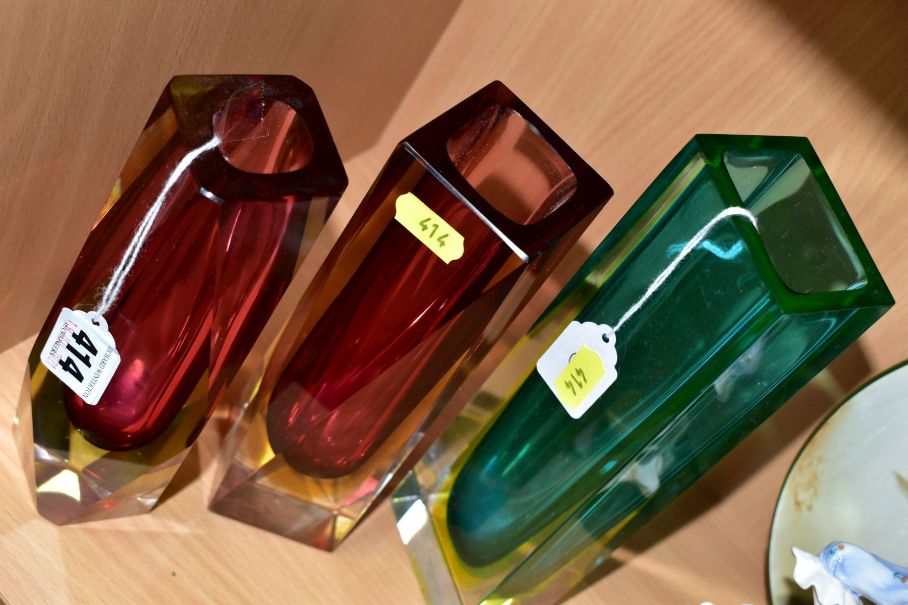 THREE MURANO CASED GLASS VASES, comprising two geometric vases with clear and yellow over red, one - Image 2 of 3