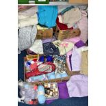 FIVE BOXES OF WOOL, KNITTING NEEDLES, BEDDING AND KNITWARE, the knitware looks to be homemade, the