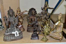 EIGHT BRONZE, BRONZED, COPPER AND BRASS EASTERN DEITY FIGURES, including seated buddhas, dancing