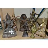 EIGHT BRONZE, BRONZED, COPPER AND BRASS EASTERN DEITY FIGURES, including seated buddhas, dancing