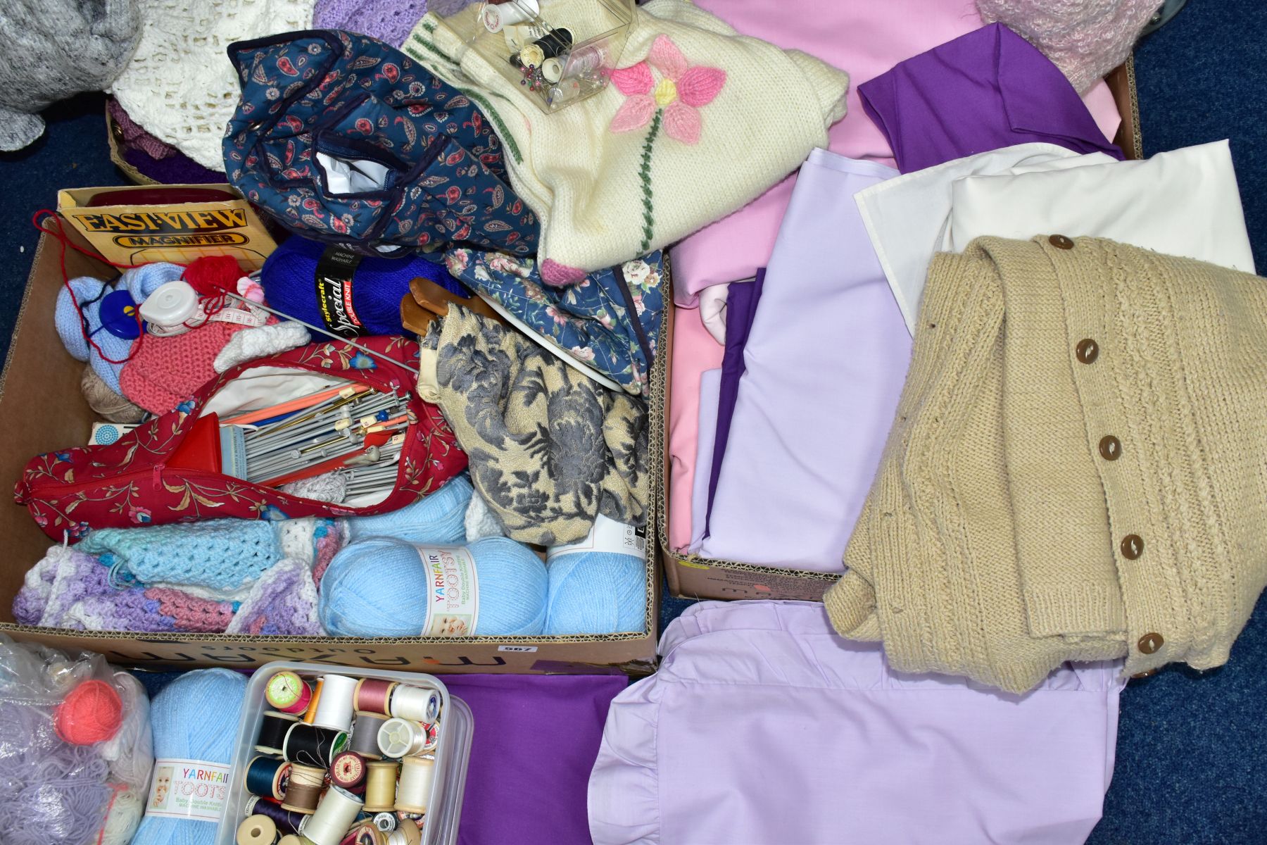 FIVE BOXES OF WOOL, KNITTING NEEDLES, BEDDING AND KNITWARE, the knitware looks to be homemade, the - Image 2 of 3