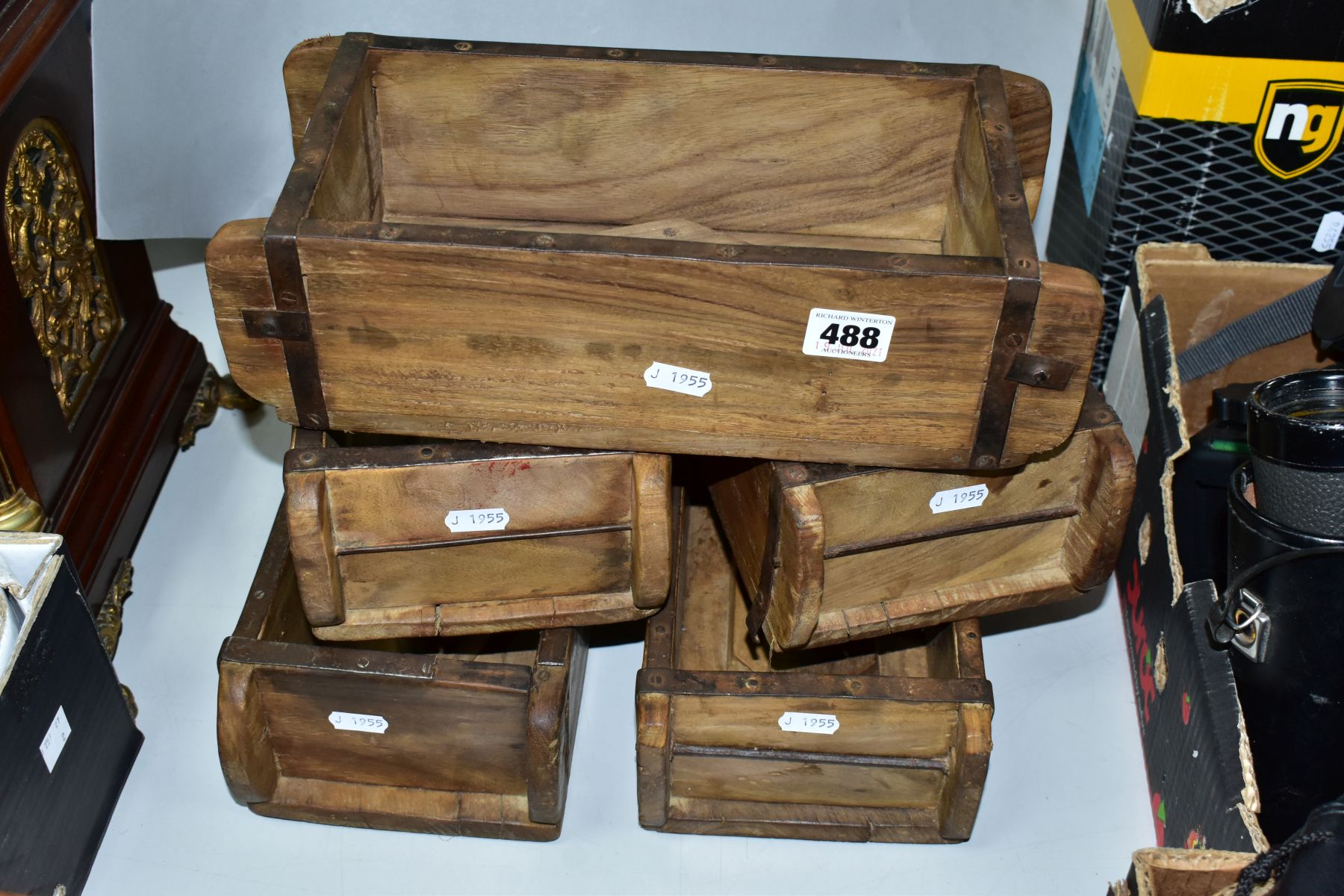 FIVE WOODEN BRICK MOULDS, assorted manufactures marks, all appear complete and in fairly good